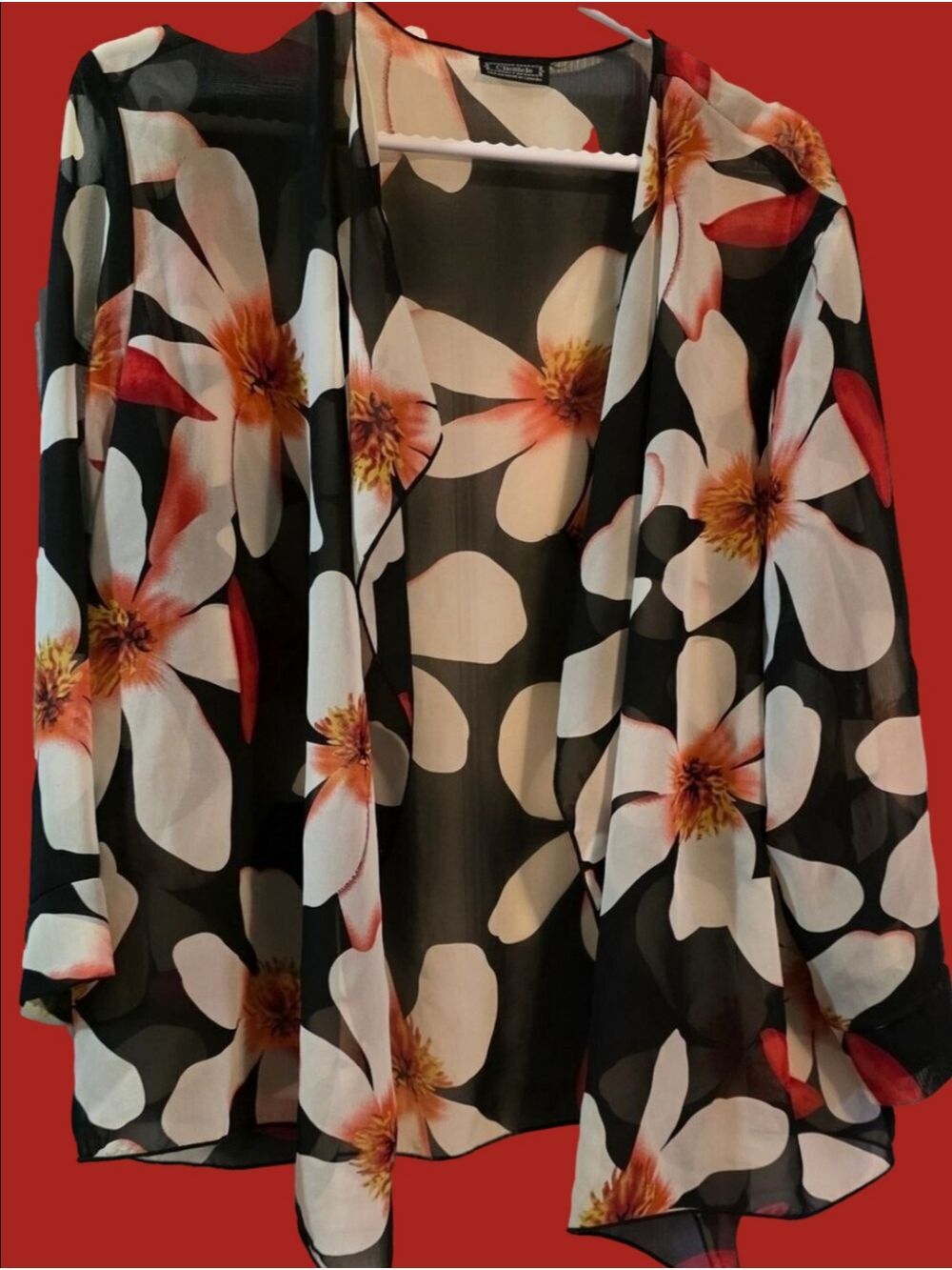 4/$67 Deal! Clientele Sheer Black Floral Kimono Blouse with White & Coral Blooms